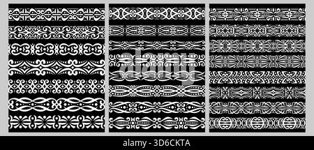 Ensemble vectoriel de bordures blanches sans couture, collection de rubans répétitifs illustrations de styles floraux, éléments de conception monochromes avec boucles et points, vin Illustration de Vecteur