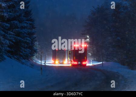 Freudenstadt, Allemagne. 20 novembre 2025. Des camions sont bloqués sur la route fédérale 28 près de Freudenstadt pendant les chutes de neige. Jusqu'à 20 centimètres de neige fraîche sont attendus dans la Forêt Noire. Crédit : Silas Stein/dpa/Alamy Live News Banque D'Images