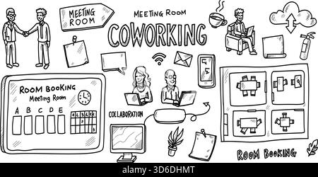 Espace de coworking et collaboration en salle de réunion. Illustration vectorielle style doodle Illustration de Vecteur