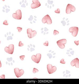 Empreintes de patte de chat avec des coeurs en motifs sans couture rose pastel et violet aquarelle pour les amateurs d'animaux et les conceptions d'animaux domestiques. L'amour répète l'arrière-plan Banque D'Images