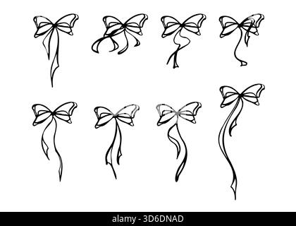 Noeuds de ruban monochromes assortis dans la conception vectorielle plate dessinée à la main à l'encre. Formes de contour simples isolées pour des mises en page nettes. Icônes, enveloppement minimal Illustration de Vecteur