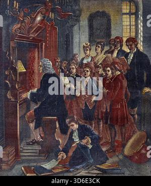 Jean Sébastien Bach (1685-1750) à la console d'orgue. Un aperçu de son rôle à l’école préparée Thomas (Schola Thomana) à Leipzig. Le maître de la fugue.- Jean Sébastien Bach (1685-1750)au pupitre d'orgue. Une vision de son rôle à l'École Saint-Thomas (Schola Thomana) de Leipzig. Le maître de la fugue. Banque D'Images