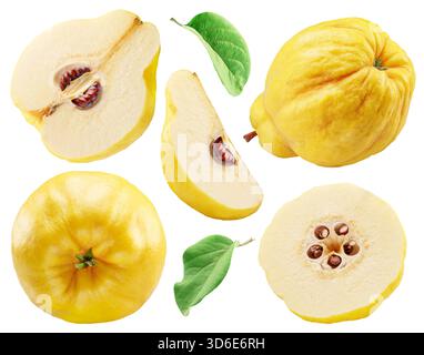 Ensemble de coings, morceaux de coings et feuilles sur fond blanc. Le fichier contient des chemins de détourage. Banque D'Images