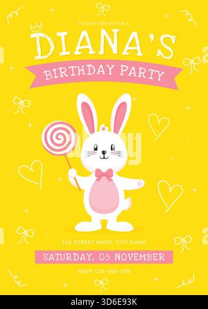 Vecteur de modèle d'invitation de fête d'anniversaire de lapin mignon. Illustration de Vecteur