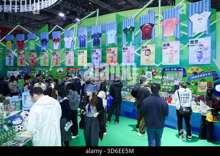 Shanghai. 20 novembre 2025. Les visiteurs peuvent voir les produits culturels et créatifs de la Jiangsu Football City League dans une zone d'exposition de la province du Jiangsu, dans l'est de la Chine, lors de la 6e exposition internationale des industries culturelles du delta du Yangtsé à Shanghai, dans l'est de la Chine, le 20 novembre 2025. Couvrant une superficie de 80 000 mètres carrés, l'expo a débuté jeudi à Shanghai, avec plus de 1 500 exposants participants. Crédit : Wang Xiang/Xinhua/Alamy Live News Banque D'Images