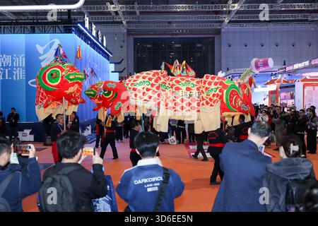 Shanghai. 20 novembre 2025. Les visiteurs assistent à un spectacle de lanternes Zhanqi en forme de poisson dans une zone d'exposition de la province d'Anhui, dans l'est de la Chine, lors de la 6e exposition internationale des industries culturelles du delta du Yangtsé à Shanghai, dans l'est de la Chine, le 20 novembre 2025. Couvrant une superficie de 80 000 mètres carrés, l'expo a débuté jeudi à Shanghai, avec plus de 1 500 exposants participants. Crédit : Wang Xiang/Xinhua/Alamy Live News Banque D'Images