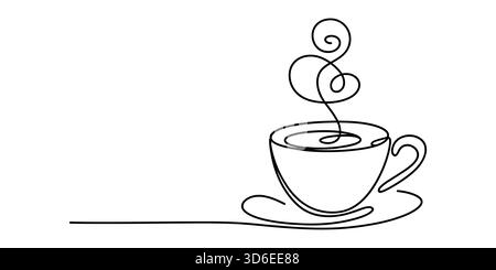 Dessin au trait continu d'une tasse à café avec boisson chaude fumante et soucoupe Illustration de Vecteur