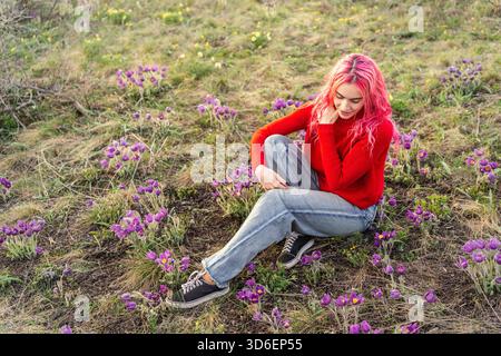 Une jeune femme aux cheveux roses éclatants est assise paisiblement parmi les fleurs violettes dans un cadre naturel, portant un pull rouge et un Jean, exsudant un sentiment de tr Banque D'Images
