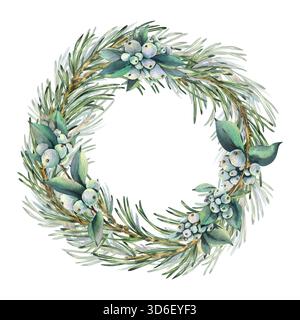 Une couronne de Noël de branches de pin et de baie de neige avec des baies blanches. Illustration d'aquarelle dessinée à la main. Un cadre arrondi, un modèle de texte et un hiver Banque D'Images