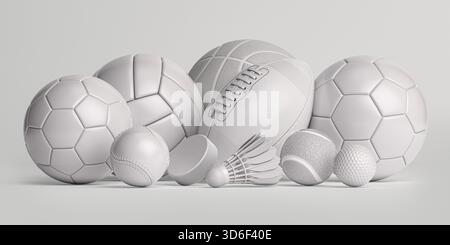 Ballons de sport blancs et équipement. Soccer, ffotball, basketball, handball, rugby et volley-ball, palet de hockey et volant de badminton isolés sur blanc. illustration 3d. Banque D'Images