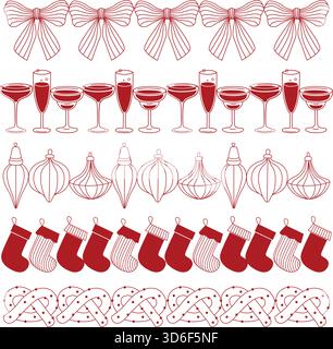 Bordures sans couture dessinées à la main avec des noeuds festifs rouges, des ornements d'arbre de Noël, des bas de Noël et des bretzels, des verres à champagne Illustration de Vecteur