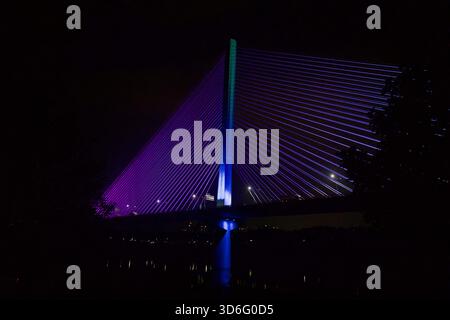 La travée éclairée en violet du pont Guri-Amsa s'étend sur la rivière Han, avec la tour centrale brillante en bleu au-dessus de l'eau sombre et des arbres riverains. Banque D'Images