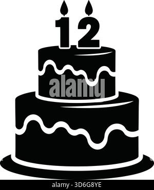 Icône Silhouette de gâteau de 12e anniversaire - dessert de célébration à deux niveaux avec des bougies numériques Illustration de Vecteur