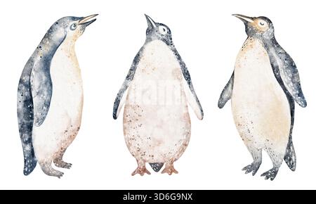Groupe de pingouins à l'aquarelle. Illustration pour carte et affiche. Figure d'oiseau isolé pour l'éducation et les enfants. Image animale antarctique. Banque D'Images