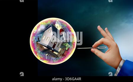 Bulle immobilière et inflation immobilière montrée par la surévaluation des prix de l'immobilier et la spéculation résidentielle comme un concept visuel d'une économie instable a Banque D'Images