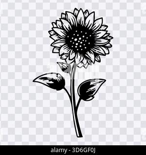 Vecteur d'illustration de silhouette noir et blanc stylisé de plante de tournesol complète Illustration de Vecteur