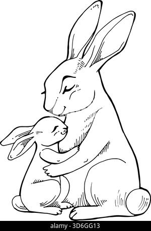 Joli lapin de mère dessiné à la main avec la page de coloriage de bébé lapin. Moment familial tendre parfait pour les livres d'enfants, décor de crèche, feuilles imprimables Illustration de Vecteur