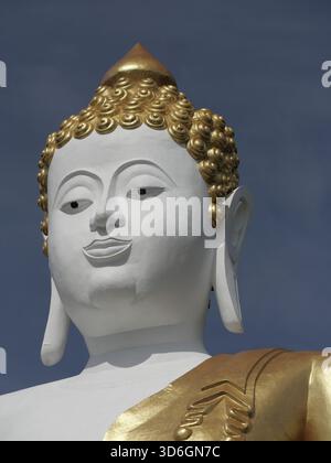 Gros plan pf large du visage blanc de Wat Doi Suthep Bouddha, les yeux sereins, les cheveux dorés et la robe sur l'épaule gauche dans la lumière chaude du soleil du matin Banque D'Images