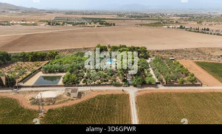 Vaste propriété rurale avec arbres luxuriants, piscine et terres agricoles dans un vaste paysage de campagne Banque D'Images