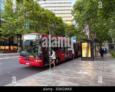 Un bus public Metrobus rouge est arrêté à un arrêt de bus urbain à Sydney, Nouvelle-Galles du Sud, Australie, avec une personne embarquant. Banque D'Images