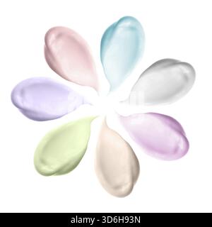Ensemble de différents lingettes de crème cosmétique colorées isolées sur blanc. Crème pour les mains pour le visage avec frottis de collagène. Frottis cosmétique de texture de lotion de soin pour la peau Banque D'Images
