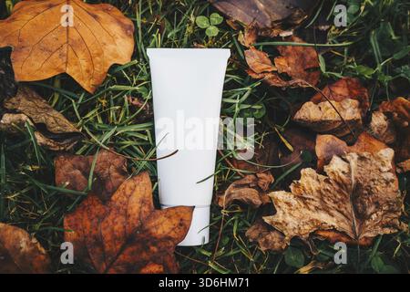 Tube cosmétique blanc avec lotion sur herbe verte sur feuilles d'automne sèches. Crème maquette, emballage de marque sur herbe, produit de soin avec bakuchiol, Sunscre Banque D'Images