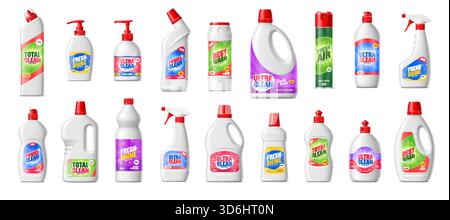 Nettoyant, bouteille de savon liquide et conteneur de détergent emballages réalistes. Ensemble vectoriel de récipients et de sprays de produits de nettoyage ménagers. Désinfectants et désodorisants de différentes formes et étiquettes Illustration de Vecteur