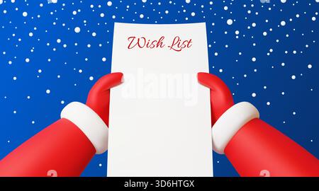 Les mains du Père Noël dans des gants rouges tenant un papier de liste de souhaits vierge, les flocons de neige tombent sur un fond bleu. Dessin animé 3d vecteur père Noël personnage de Noël tenant la feuille de liste de souhaits de papier blanc vue de dessus Illustration de Vecteur