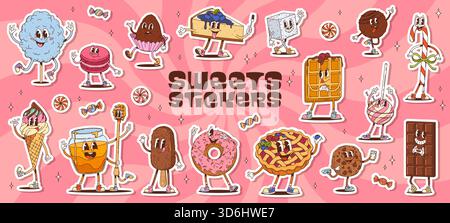 Stickers pack de bonbons groovy rétro et des personnages de desserts. Pâtisserie psychédélique nourriture et bonbons vecteurs personnages de gâteau au chocolat, crème glacée et cookie. Jolie tarte aux fruits groovy, beignet et gaufre Illustration de Vecteur