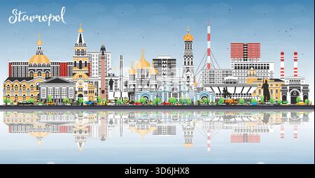 Ligne d'horizon de la ville de Stavropol Russie avec des bâtiments de couleur, ciel bleu et reflets. Illustration vectorielle. Paysage urbain de Stavropol avec des points de repère. Illustration de Vecteur