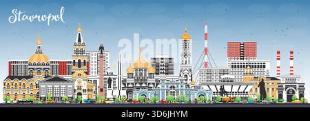 Horizon de la ville de Stavropol Russie avec des bâtiments de couleur et le ciel bleu. Illustration vectorielle. Paysage urbain de Stavropol avec des points de repère. Voyages d'affaires et tourisme Illustration de Vecteur