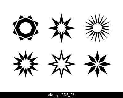 Une collection de six dessins d'étoiles noires disposées des icônes dans une grille sur une illustration de fond blanc Illustration de Vecteur