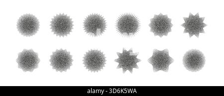 Sphères grainées avec dégradé doux et texture pointillée. Formes rondes abstraites avec bruit granuleux, ombrage demi-ton et effet poussière monochrome. Moderne Illustration de Vecteur