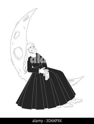 Femme victorienne rêveuse appuyée sur le caractère de ligne 2D croissant de lune Illustration de Vecteur