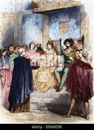 Frère dominicain espagnol et le premier Grand Inquisiteur Tomas de Torquemada et les rois d'espagne Isabelle de Castille et Ferdinand II) Banque D'Images