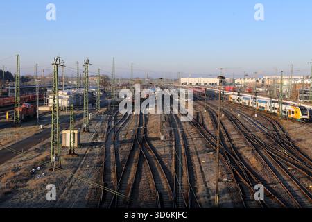 Cottbus, Brandebourg, Allemagne. 21 novembre 2025. Les chemins de fer sont visibles à la gare centrale de Cottbus (Hauptbahnhof). Une bombe de 250 kilogrammes de la seconde Guerre mondiale découverte lors des travaux de construction de la nouvelle installation d'entretien DES GLACES a conduit à une zone d'exclusion de 300 mètres et à l'évacuation d'environ 500 résidents. L'engin, une bombe aérienne allemande équipée d'un fusible soviétique, est désamorcé par le service d'élimination des munitions explosives. Le site avait déjà été vérifié pour les munitions avant la construction, et les bombes y avaient été nettoyées en mai et juin, car la station de Cottbus avait été lourdement bombardée pendant la seconde Guerre mondiale (Credit image : Banque D'Images