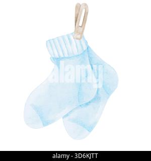 Les chaussettes bébé bleues en forme de paire peintes avec un lavage délicat créent un clipart aquarelle douce. Conception dessinée à la main pour les étiquettes de douche de bébé, les annonces de nouveau-né, le décor imprimable et l'emballage Banque D'Images