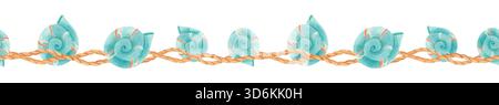 Bordure sans couture nautique avec coquillages bleus et vagues de corde isolées sur blanc. Illustration d'ornement marin aquarelle pour les conceptions et le tissu d'été. Banque D'Images