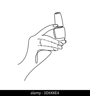 Bouteille de vernis à ongles tenant à la main au trait minimaliste. Illustration vectorielle pour la beauté, les cosmétiques, la mode, le bien-être, la manucure, concepts d'autosoins. Illustration de Vecteur