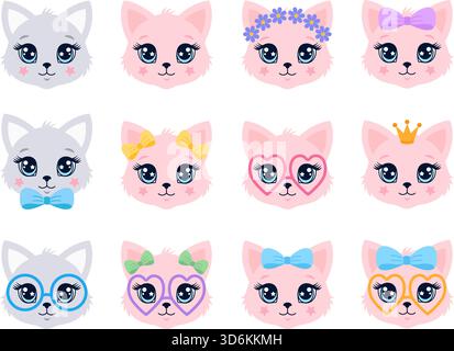 Ensemble de têtes de chaton kawaii mignonnes : chats de bande dessinée gris et rose avec lunettes, arcs, couronne et couronne de fleurs Illustration de Vecteur
