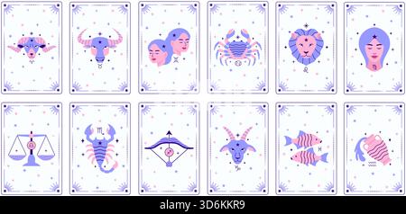 Collection de cartes de tarot avec signes du zodiaque Illustration de Vecteur