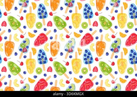 Modèle sans couture avec popsicle de fruits congelés avec des tranches de kiwi, fraise, orange, myrtille, ananas et cerise dans le style de dessin animé. Illustration de Vecteur