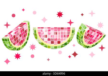 Illustration à la mode vectorielle de pastèque avec texture de boule disco en miroir. Fruits tropicaux set art isolé sur fond blanc. Design pour fête, somme Illustration de Vecteur