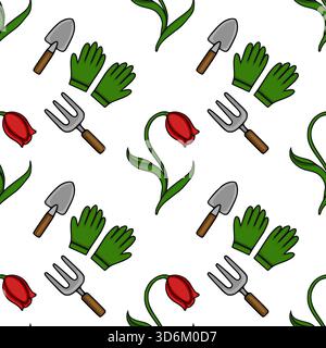 Motif vectoriel sans couture avec tulipes rouges, gants de jardinage verts, truelles à main et fourchettes de jardin sur fond blanc. Illustration de Vecteur