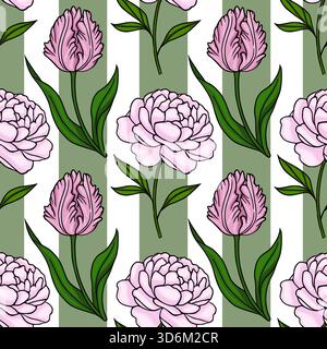 Un charmant motif vectoriel sans couture avec de délicates tulipes roses et pivoines sur un fond de bandes verticales vertes et blanches alternées. Illustration de Vecteur