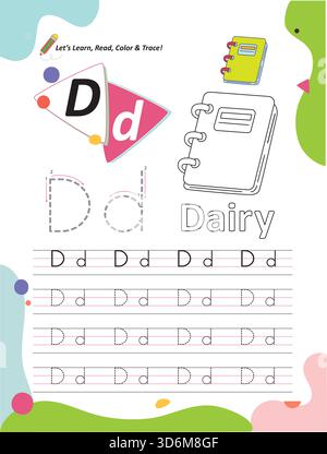Lettre de l'alphabet d feuille de pratique pour l'apprentissage, la coloration et l'écriture pour les enfants Illustration de Vecteur