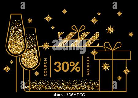 Coupon de réduction de vacances avec des verres à champagne paillettes dorées, des boîtes-cadeaux et des étoiles sur fond noir. Bannière de promotion de vente, affiche, carte de voeux Illustration de Vecteur