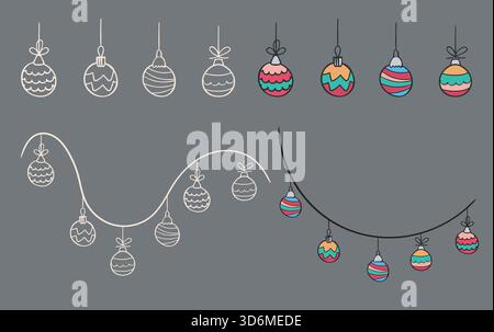 Ensemble boule de Noël festive, guirlande décorative dessinée à la main décorative de bordure blanche, joli design de style esquisse plate coloré et mignon Illustration de Vecteur