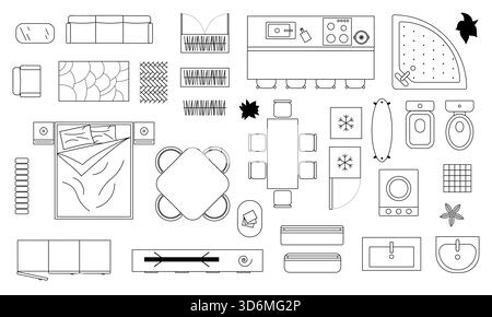 Lignes épurées vues de dessus icônes intérieures, y compris lit, canapé, cuisine, tables et articles de salle de bains. Parfait pour les plans d'étage, l'architecture, les aménagements et la maison p Illustration de Vecteur