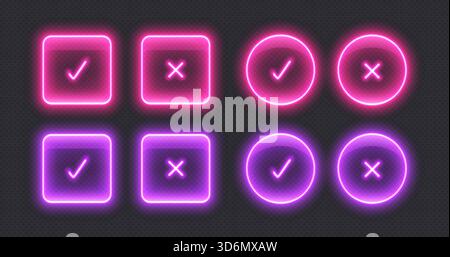 Icônes de coche au néon, boutons de coche lumineux, panneaux lumineux. Illustration de Vecteur